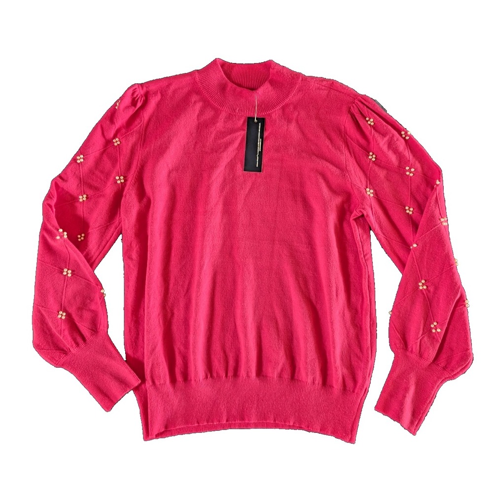 Adrienne Vittadini Pink Pearl Accent Sleeves Sweater Women’s Size Petite L NEW